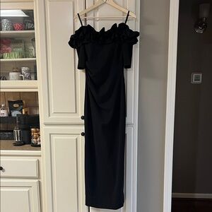 Xscape Black Off-Shoulder Ruffle Strap Midi Dress
